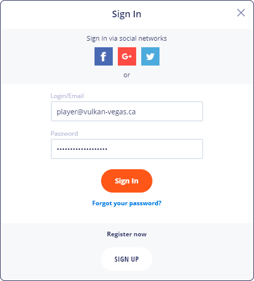 Sign in form at Vulkan Vegas Casino