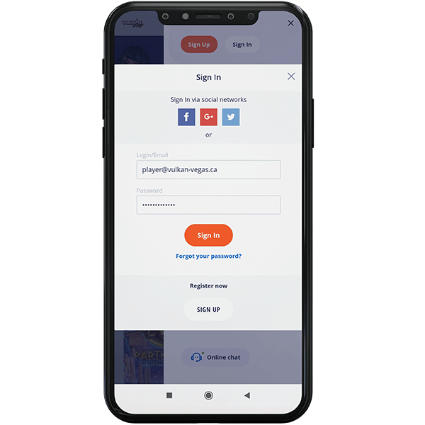 Page de connexion du casino Vulkan Vegas depuis un mobile