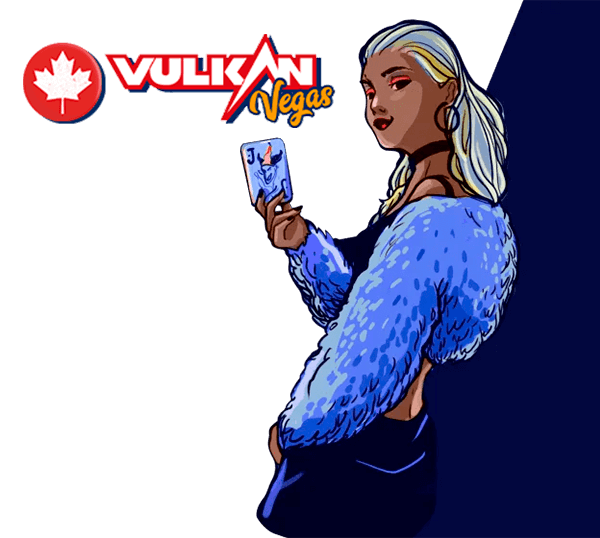 girl holding a playing card on the background of the Vulkan Vegas logo