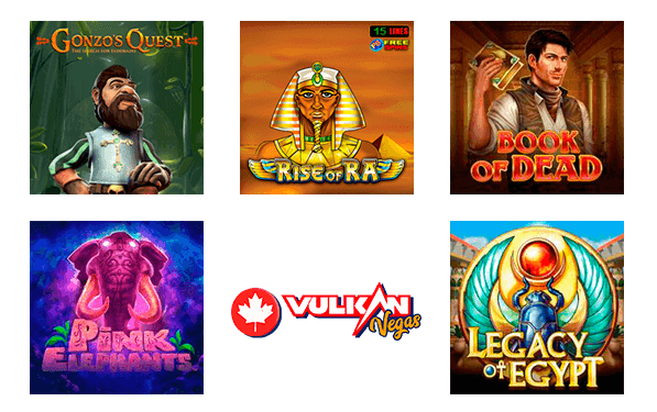 Popular Slots at Vulcan Vegas Casino: Book of Dead, Legacy of Egypt, Rise of Ra, Gonzo's Quest, Pink Elephants