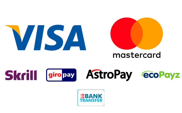 Payment services logo: Visa, Mastercard, Skrill, GiroPay, AstroPay, ecoPayz, Bank Transfer