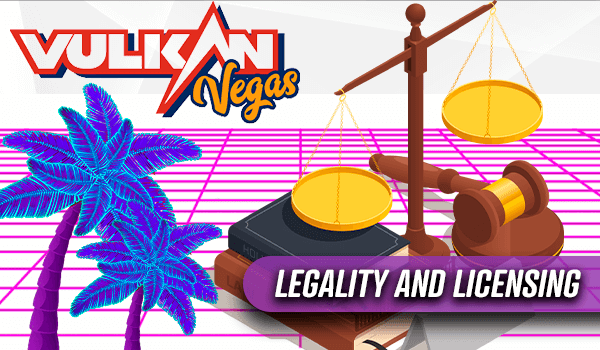 Des palmes et des balances judiciaires qui font pencher la balance du côté de la loi, car Vulkan Vegas respecte toujours l'honnêteté.