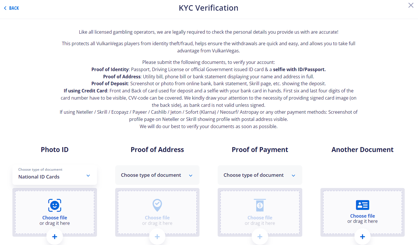 Documents KYC à Vulkan Vegas