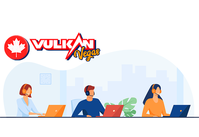 Illustration d'un centre d'appels et logo de Vulkan Vegas