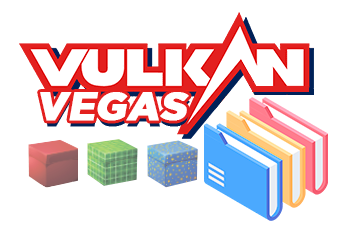 Logo du casino Vulkan avec des icônes de cadeaux et de dossiers de documents