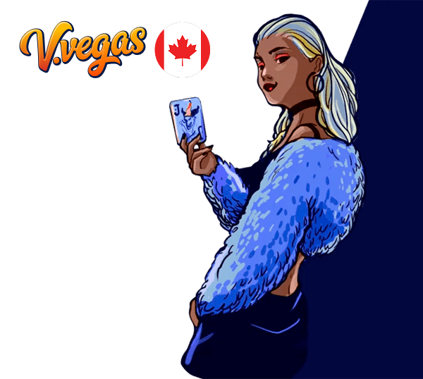 girl holding a playing card on the background of the Vulkan Vegas logo