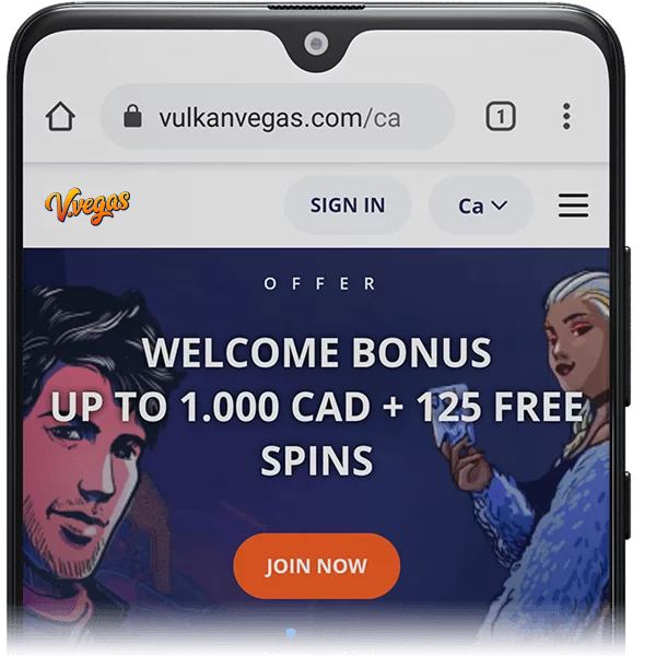 Smartphone avec une page principale ouverte du site Vulkan Vegas Casino
